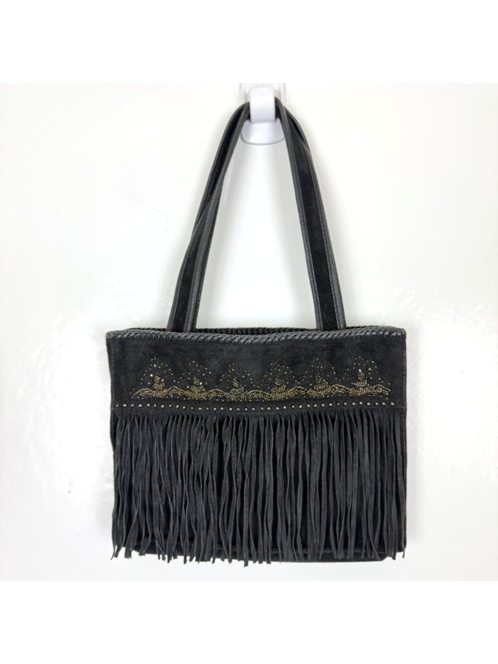 Cripple Creek Fringed Leather Shoulder Bag Black Beaded Studded Western Boho